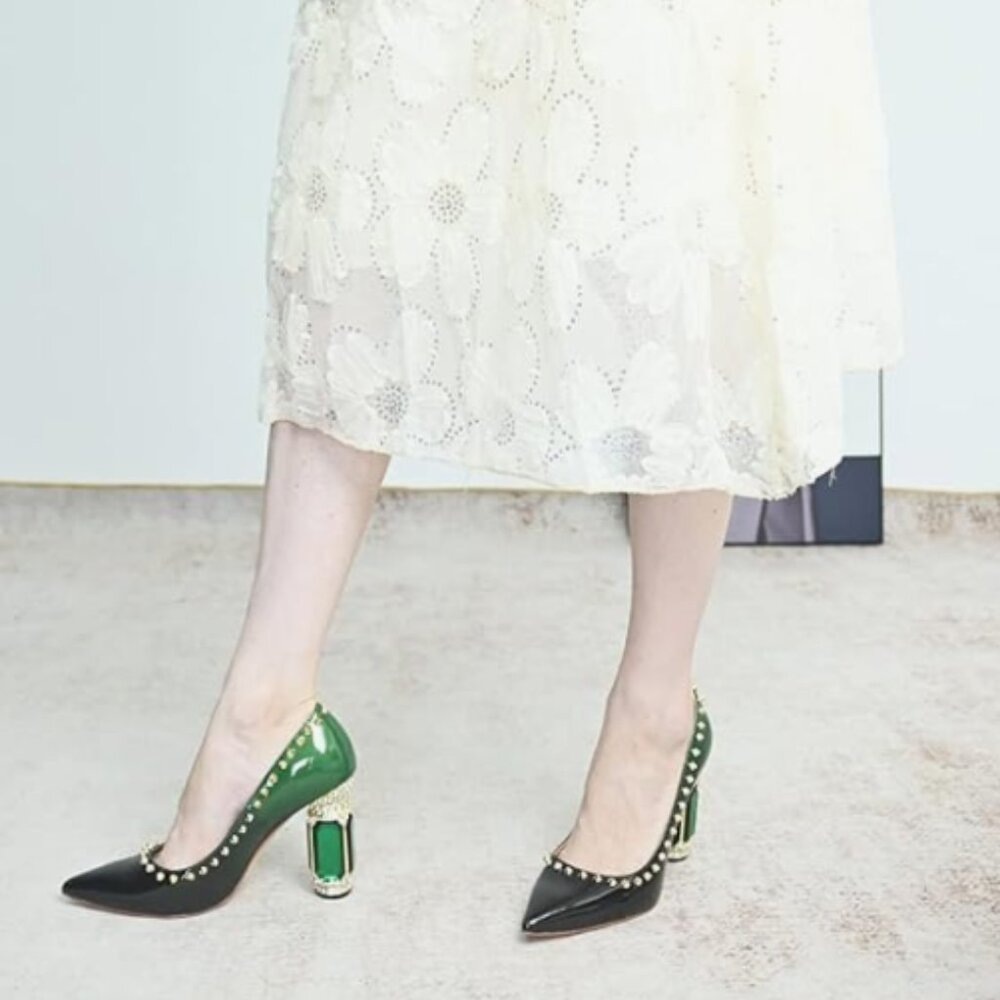FSJ Green Bridal Pointed Toe Chunky High Heel Crystal Pumps Wedding Dress Shoes
